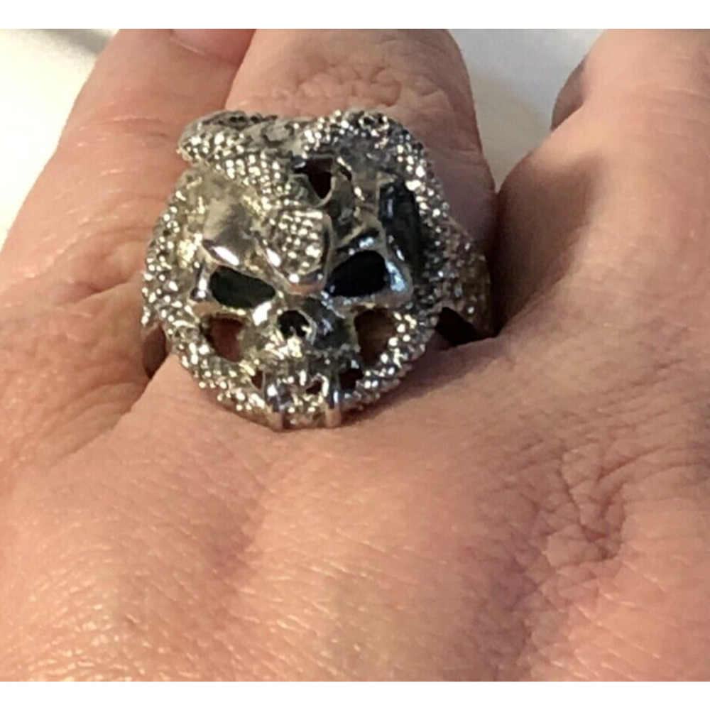 Sigal Silvertone Figural Skull & Snake Fang Men's Statement Bikers Ring Size 11 - Picture 2 of 8